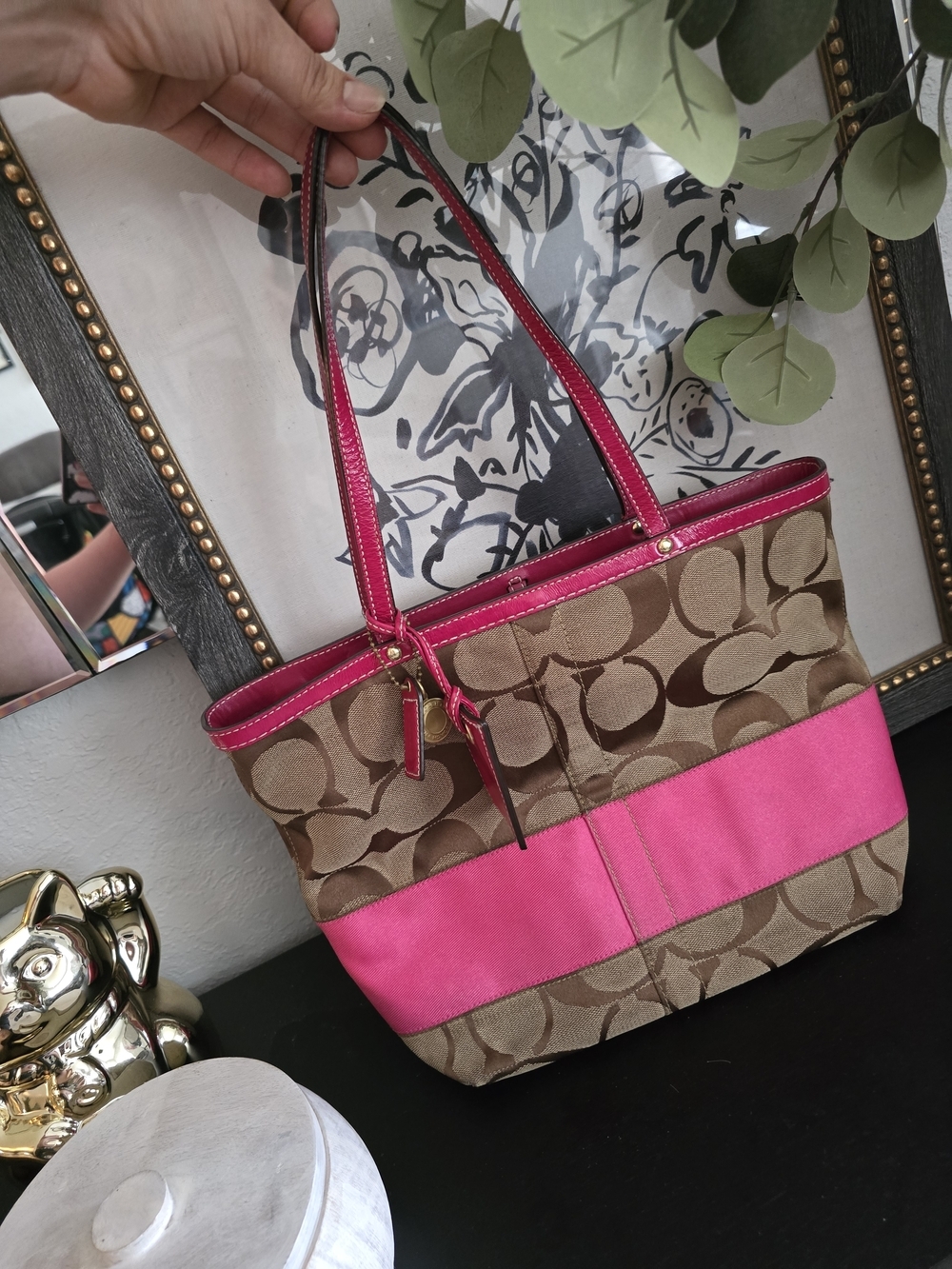 Coach Vintage Monogram Signature Stripe Tote Bag Y2K Women's Pink And Brown